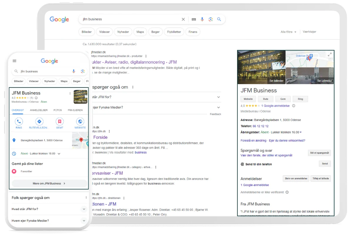 Sådan ser en google Business profil ud. En computer og en telefon med eksempel på en Google Business profil på skærmen. 